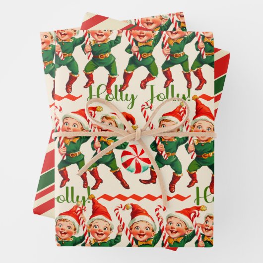 Feuille De Papier Cadeau Retro Holly Jolly Elves de Noël (En situation)