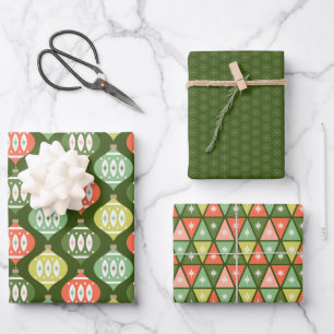Feuille De Papier Cadeau Retro Mid Century Rouge & Olive Vert Noël