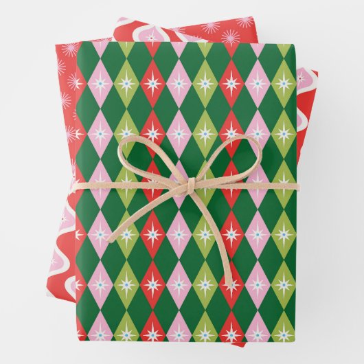 Feuille De Papier Cadeau Retro Mid Century Rouge, Rose et Vert Noël (En situation)