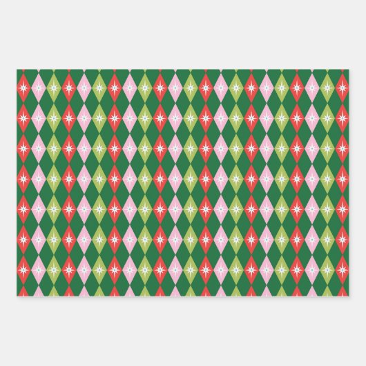 Feuille De Papier Cadeau Retro Mid Century Rouge, Rose et Vert Noël (Devant)