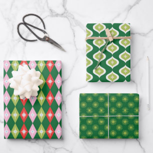 Feuille De Papier Cadeau Retro Mid Century Vert & Rouge Noël
