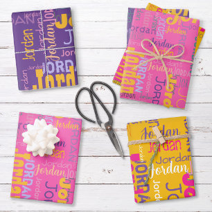 Feuille De Papier Cadeau Rétro Nom de répétition Couleurs rose violet jaune