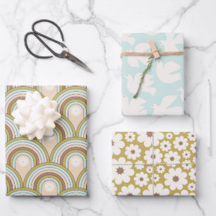 Feuille De Papier Cadeau Retro Peace Rainbow Dove Neutral Fun Floral