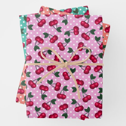 Feuille De Papier Cadeau Retro Rockabilly Cherries sur les Pois (En situation)