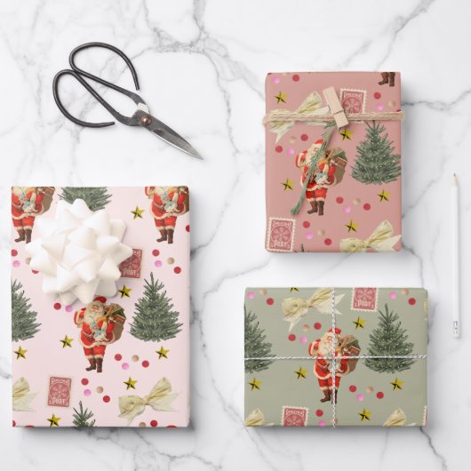 Feuille De Papier Cadeau Retro Santa Pink & Sage Christmas Wrapping Sheets (Recto)