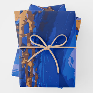 Feuille De Papier Cadeau Retro Village Mountain Blue Gold Paysage