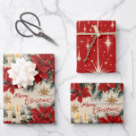 Feuille De Papier Cadeau Retro Vintage Christmas : Red & White Holiday Chev<br><div class="desc">Ce papier d'emballage de Noël vintage présente une scène de vacances classique avec un ensemble de couleurs rouge et blanc festif. Il présente un bel agencement de poinsettias, branches de pins et bougies. Les mots "Joyeux Noël" sont élégamment scénarisés en cursive, ajoutant au charme vintage. Le papier est orné de...</div>