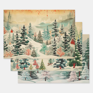 Feuille De Papier Cadeau Retro Vintage Christmas Trio Style J