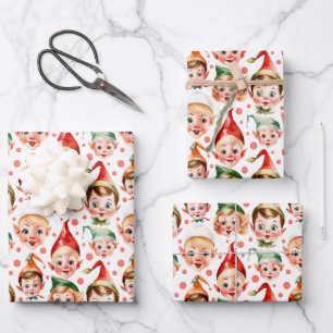 Feuille De Papier Cadeau Retro Vintage Visages des elfes de Noël