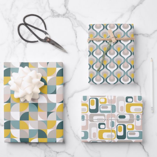 Feuille De Papier Cadeau RetroMod Patterns Aqua Teal Blue Blush Pink Yellow (Recto)