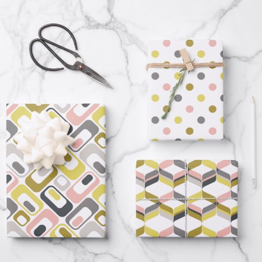 Feuille De Papier Cadeau RetroMod Patterns Mustard Yellow Pink Grey Taupe  (Recto)