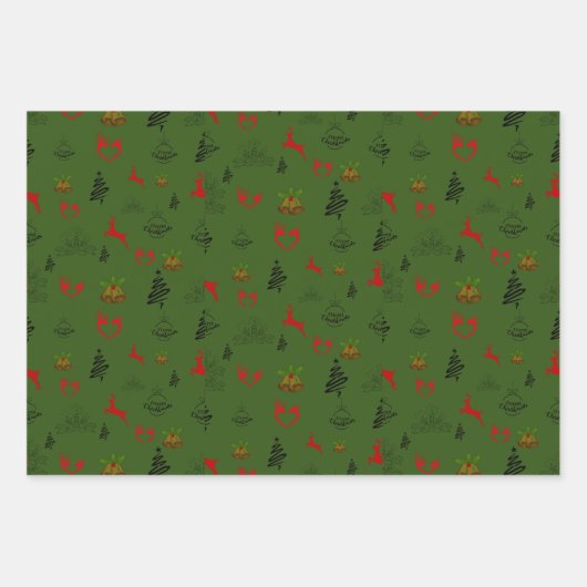 Feuille De Papier Cadeau Rindeer rouge vert et or (Devant)