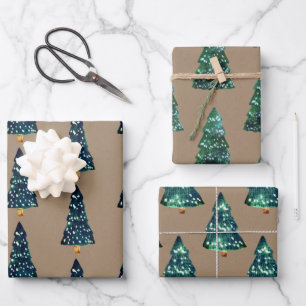 Feuille De Papier Cadeau Robe Rustique Kraft éclaire les arbres de Noël ver