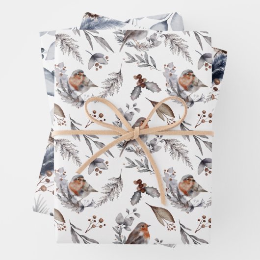 Feuille De Papier Cadeau Robin Bird Forêt d'hiver Végétation Noël (En situation)