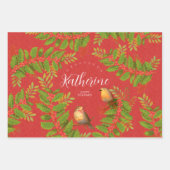 Feuille De Papier Cadeau Robin Birds Holly Berry Red (Devant)