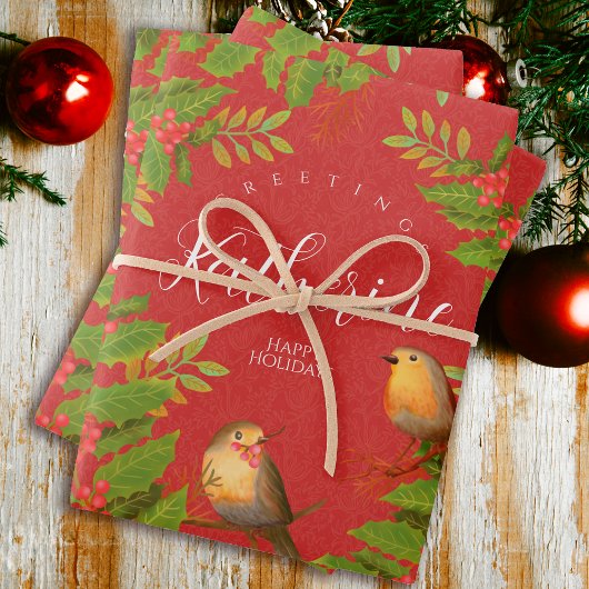 Feuille De Papier Cadeau Robin Birds Holly Berry Red