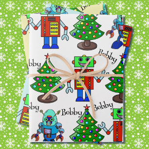 Feuille De Papier Cadeau Robot Christmas Ajouter Nom du garçon 3 mignonne