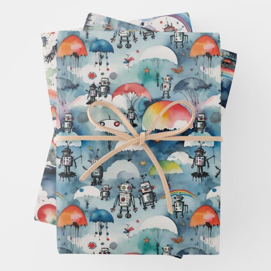 Feuille De Papier Cadeau Robots Sci-Fi Rétro Dans L'Espace (En situation)