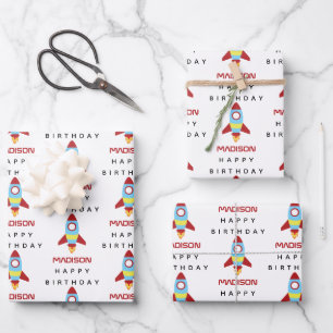 Feuille De Papier Cadeau Rocket Spacship Lancement Nom personnalisé Anniver