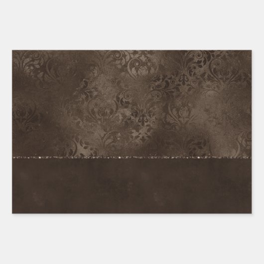 Feuille De Papier Cadeau Romance en bronze de minuit | Satiny Grunge Damask (Devant 2)