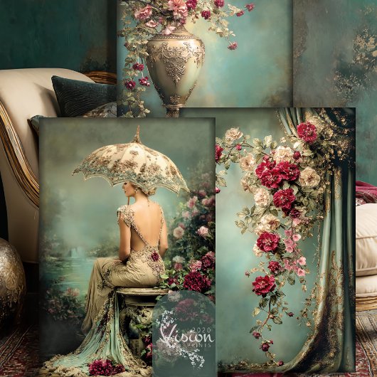 Feuille De Papier Cadeau Romantic Floral, Lady & a Parasol, Matching Set