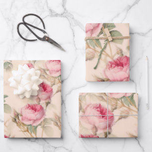 Feuille De Papier Cadeau Rose anglais, fleurs motif grand 