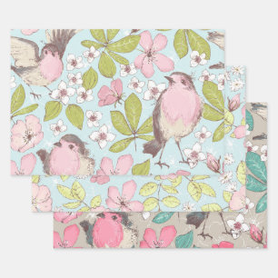 Feuille De Papier Cadeau Rose Blanc Fleurs simples et oiseaux Végétation