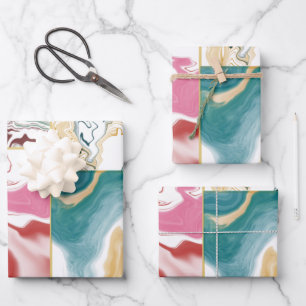 Feuille De Papier Cadeau Rose bleu turquoise or rétro Abstrait marbre motif
