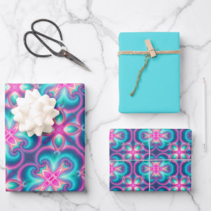 Feuille De Papier Cadeau Rose, Bleu, Vert & Motif orange