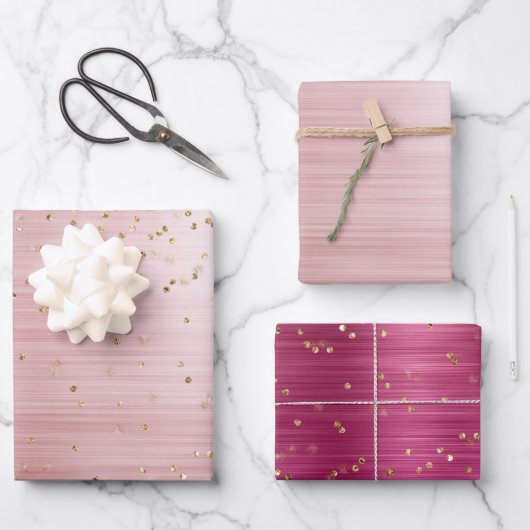 Feuille De Papier Cadeau Rose Féminin Paillettes Or Confettis (Recto)