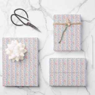Feuille De Papier Cadeau Rose Florale Rayure Bleue Rose Mariage Enterrement