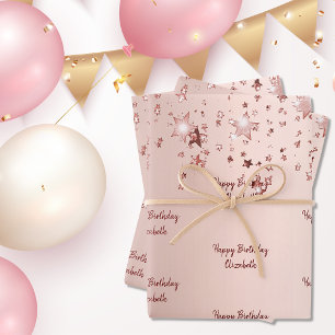 Feuille De Papier Cadeau Rose gold étoiles rose scintillement monogramme d'