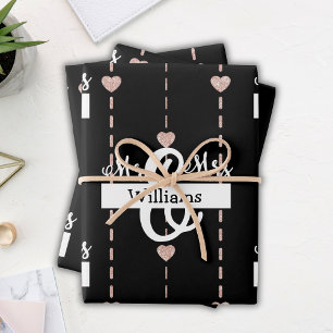Feuille De Papier Cadeau Rose Gold Heart Motif M & Mme Nom Mariage