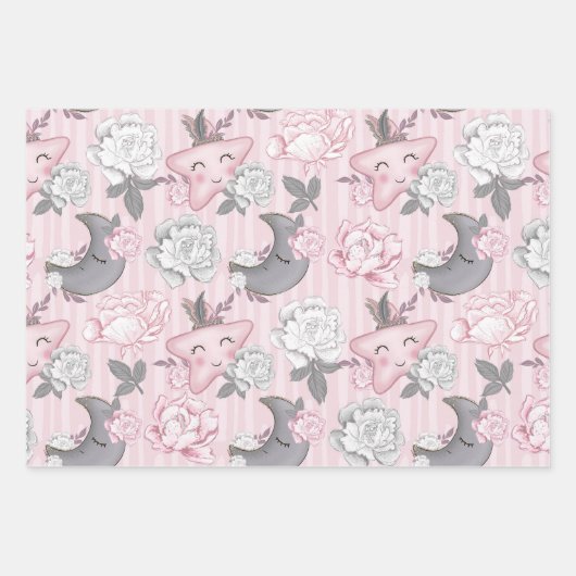 FEUILLE DE PAPIER CADEAU ROSE GRIS BLANC BÉBÉ OBJETS ET FLEURS (Devant 3)