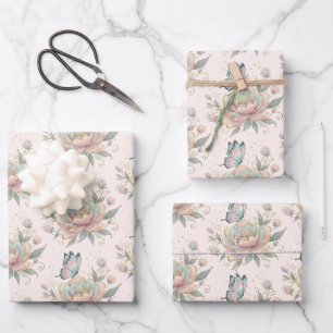 Feuille De Papier Cadeau Rose Magique et Papillon Motif Couleurs Pastel