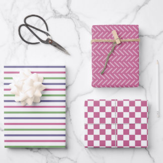 Feuille De Papier Cadeau Rose moderne, rayures bleues et vertes, carreaux r