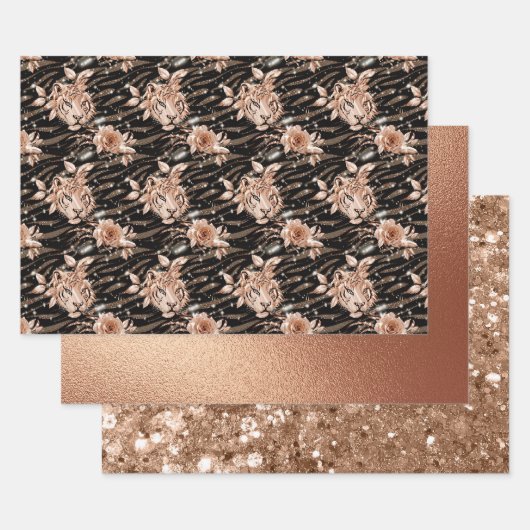Feuille De Papier Cadeau Rose noire or tigre floral glamour pailleté (Lot)