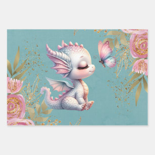 Feuille De Papier Cadeau Rose Or Floral Dragon Papillon Girl Baby Douche