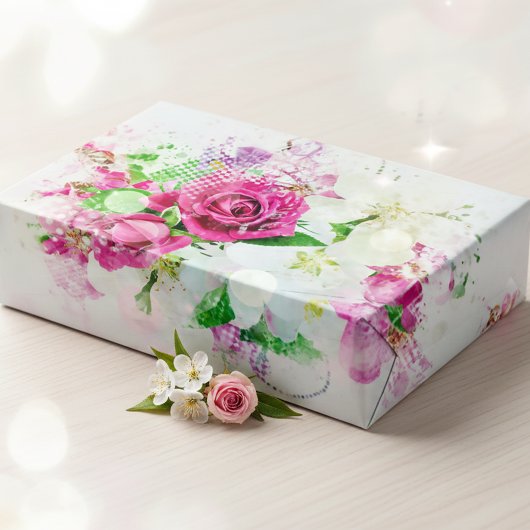 Feuille De Papier Cadeau Rose romantique avec Bokeh & Étincelles sur Blanc