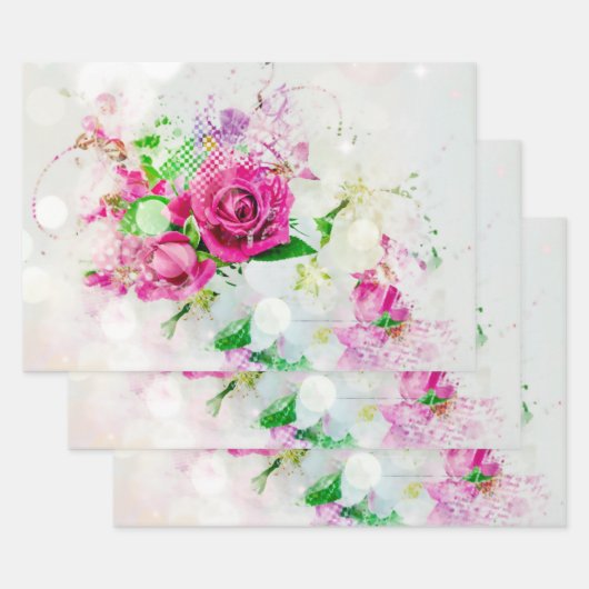 Feuille De Papier Cadeau Rose romantique avec Bokeh & Étincelles sur Blanc (Lot)