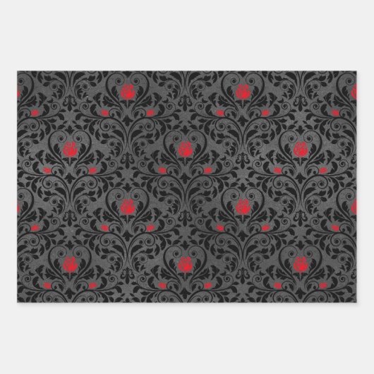 Feuille De Papier Cadeau Rose rouge et Damas noir (Devant)