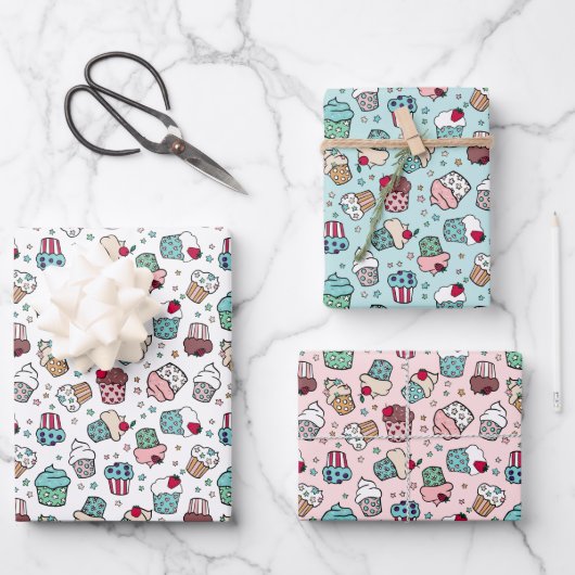 Feuille De Papier Cadeau Rose Turquoise mignonne Motif Cupcake (Recto)