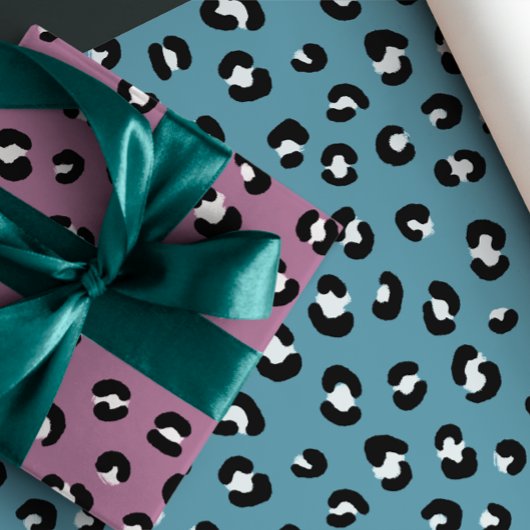 Feuille De Papier Cadeau Rose, Violet, Empreinte de léopard Blue Chic