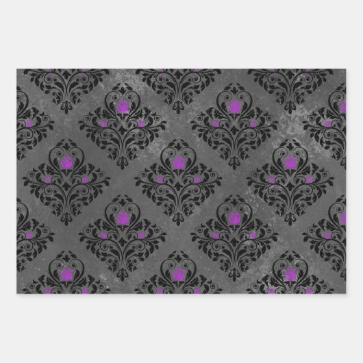 Feuille De Papier Cadeau Rose violet et Damas noir (Devant)