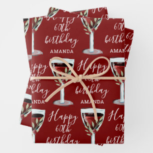 Feuille De Papier Cadeau Roseau Aquarelle Vin Rouge 60e Anniversaire
