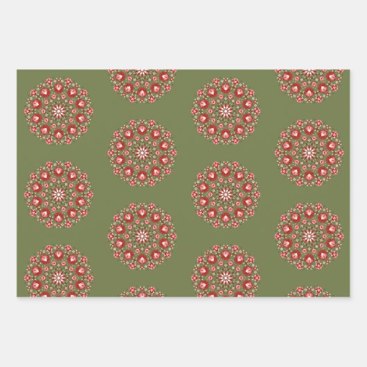 Feuille De Papier Cadeau Rosemaling vert olive (Devant)