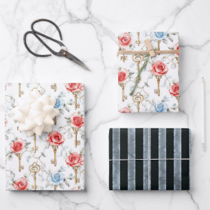 Feuille De Papier Cadeau Roses Clés Rouge Bleu Shower Nuptial