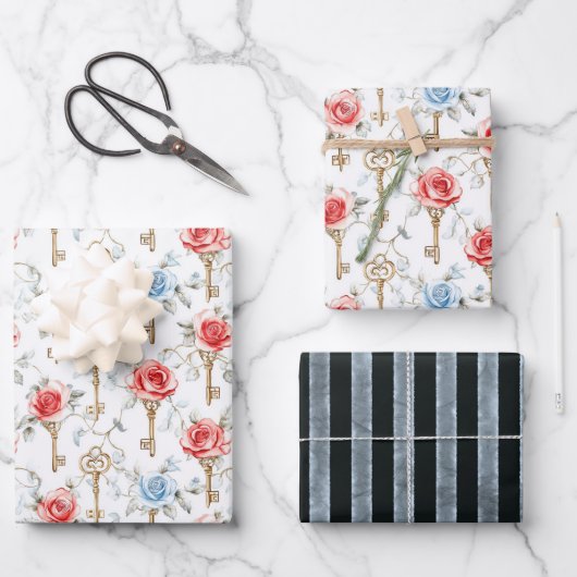 Feuille De Papier Cadeau Roses Clés Rouge Bleu Shower Nuptial (Recto)