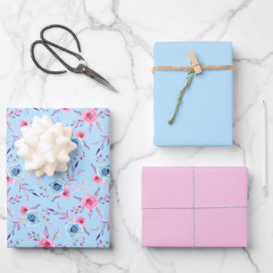 Feuille De Papier Cadeau Roses d'aquarelle rose et bleu Motif