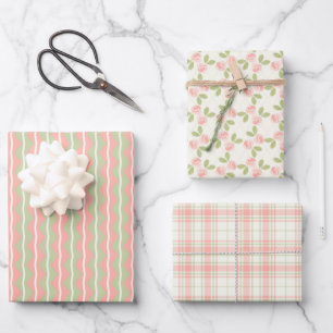 Feuille De Papier Cadeau Roses de cottage, tartan et rayures en rose profon